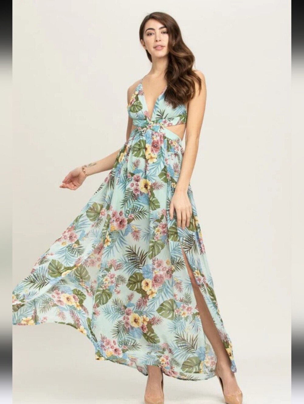 Miss Avenue Tropical Floral Maxi Dress Crisscross Back Sz M